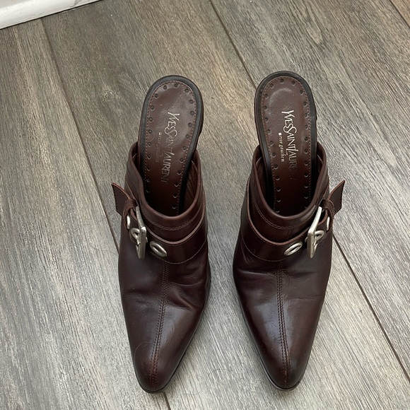 Vintage Y2k Yves Saint Laurent Brown Leather Pointed Mules with Silver Buckle - Picture 2 of 11